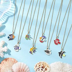 (52) Непрозрачная лаванда 8 шт 8 стили океан тема сплав эмаль рыбы кулон ожерелья, 304 ожерелья из троса из нержавеющей стали для женщин, золотые, разноцветные, 15.83 дюйм (40.2 см), 1 шт / стиль
