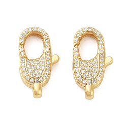 Настоящее золото 18K Овальные застежки-лобстеры из латуни с микропаве из прозрачного кубического циркония, без кадмия, без никеля и без свинца, реальный 18 k позолоченный, 19.5x11x5.5 мм, отверстие : 1.5 мм