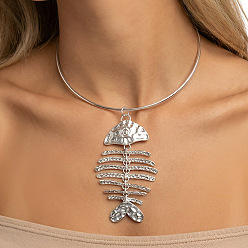 Platinum Summer Beach Alloy Fishbone Pendant Cuff Torque Choker Necklaces for Women, Platinum, 5.12 inch(13cm)