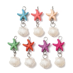 (52) Непрозрачная лаванда Подвески в форме ракушек из окрашенной синтетической бирюзы в виде морской звезды и пластикового жемчуга, с 304 петлями из нержавеющей стали, цвет нержавеющей стали, разноцветные, 37x13x6 мм, отверстие : 4 мм