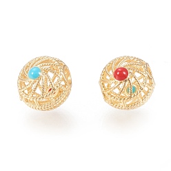 Real 18K Gold Plated Brass Beads, with Enamel, Hollow, Rondelle, Red & Turquoise, Real 18K Gold Plated, 9.7x10x10.5mm, Hole: 3mm