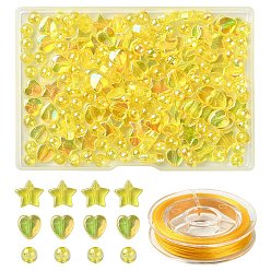 Jaune Kit de fabrication de bracelet extensible bricolage, y compris coeur, étoile et perles acryliques rondes, fil élastique, jaune, perles: 6~10x3~6 mm, Trou: 1~1.5mm, 200 pcs / boîte