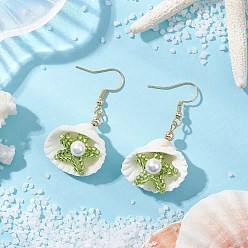 Светло-зеленый Коричневый В форме ракушки 304 серьги-подвески из нержавеющей стали, с подвесками из ракушек, цилиндрическим бисером и бусиной из ракушек, оливковый, 46x25 мм