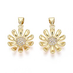 Настоящее золото 16K Латунные микро проложить кубического циркония подвески, цветок, реальный 16 k позолоченный, 19~20x16x3~3.5 мм, отверстие : 3.5x5 мм