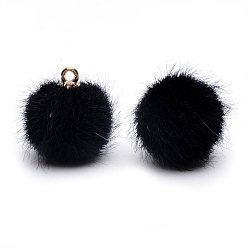 Черный Подвески из искусственного меха норки ручной работы, со сплавочной фурнитурой, круглые, золотые, чёрные, 16~17x13.5~14 мм, отверстие : 1.5 мм