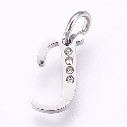 Letter J 304 Edelstahl Anhänger, mit Strass, Buchstabe, letter.j, 12x7x1.5 mm, Bohrung: 4 mm