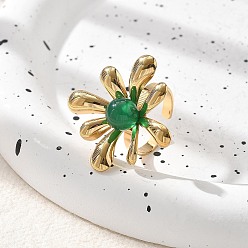 Малайский Нефрит Перстни из натурального малайзийского нефрита, цветок 304 открытые манжеты из нержавеющей стали для женщин, реальный 18 k позолоченный, Цветок: 32.5x31.5 мм, регулируемый