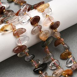 Rutilated Кварц Природные Rutilated кварцевые нити бисера, самородки, Топ пробуренной, упавший камень, с бисером, 9.5~20x4~9x4.5~6 мм, отверстие : 1 мм, около 49~60 шт / нитка, 14.96''~16.14'' (38~41 см)