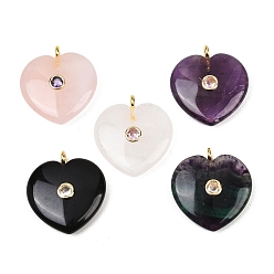 Смешанные камни Природные смешанные подвески драгоценных камней, Подвески в форме сердца с фурнитурой из латуни, инкрустированной микрофибровыми циркониями (случайного цвета)., золотые, 27~28x25x7.5~8 мм, отверстие : 2.5 мм