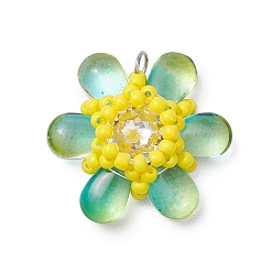 Темный Морско-зеленый Подвески-цветы из бисера, подвески из стразов и стеклянных бусин, с целью перехода в кольце, темно-зеленый, 21.5x23x8 мм, отверстие : 3 мм