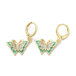 Medium Aquamarine Butterfly Golden Brass Dangle Leverback Earrings, with Cubic Zirconia and Enamel, Medium Aquamarine, 30x17.5mm