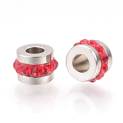 Светло-сиамский 201 бусины из нержавеющей стали, полимерной глины, инкрустированные стразами, колонка, цвет нержавеющей стали, Light Siam, 7x5 мм, отверстие : 3 мм