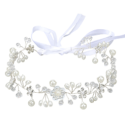 Серебро Полиэстеровая повязка на голову с пластиковыми жемчужинами и акриловыми цветами для невесты, свадебная вуаль, аксессуары для волос, украшение для волос в виде лозы, серебряные, 1080 мм