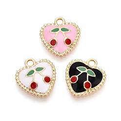 (52) Непрозрачная лаванда Подвески из эмали и сплава, сердце с вишневым шармом, золотые, разноцветные, 17x16x3.5 мм, отверстие : 2 мм