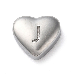 Letter J 201 Stainless Steel Beads, Stainless Steel Color, Heart, Letter J, 7x8x3.5mm, Hole: 1.5mm