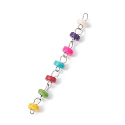 Нержавеющая Сталь Цвет Подвески-коннекторы heishi из синтетической бирюзы, окрашенные в диск, с 304 двойными петлями из нержавеющей стали, красочный, цвет нержавеющей стали, 58~67x6~6.5 мм, отверстие : 1.8~3.2 мм