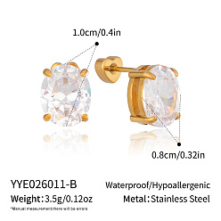 Oval 304 Stainless Steel Pave Cubic Zirconia Stud Earrings for Women, Golden, Oval, 10x8mm