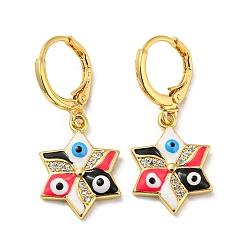 Red Golden Brass Dangle Leverback Earrings, with Enamel and Cubic Zirconia, Evil Eye, Red, 30.5x13mm