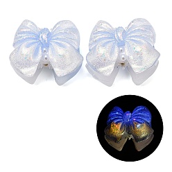 Blau Leuchtende, undurchsichtige Harz-, Strass- und Polymerclay-Perlen, Schleife, mit Glitzerpulver, Leuchten im Dunkeln, Blau, 32~34x39~41x22~24 mm, Bohrung: 2~3 mm