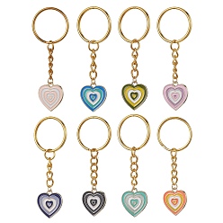 Mixed Color Rack Plating Light Gold Tone Heart Alloy Enamel Keychains, with Iron Split Key Rings, Mixed Color, 7cm