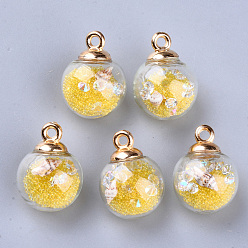 Gold Transparent Glass Globe Pendants, with Resin & Resin Rhinestone & Conch Shell & Glass Micro Beads inside, Plastic CCB Pendant Bails, Round, Golden, Gold, 21.5x16mm, Hole: 2mm