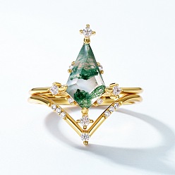 Золотой Стерлингового серебра палец кольцо, с натуральным моховым агатом, воздушный змей, золотые, размер США 7 (17.3 мм)