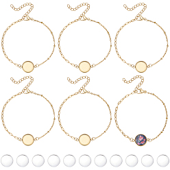 Golden 16Pcs 304 Stainless Steel Paperclip Chain Satellite Chain Bracelet Making, with Flat Round 304 Stainless Steel Cabochon Settings, with 16Pcs Transparent Glass Cabochons, Golden, Tray: 12mm, 7.01 inch(17.8cm)