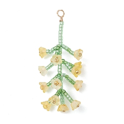 Gold Glass Seed Beaded Flower Big Pendants, with Acrylic & Copper Wire, Light Gold, Gold, 53x22x10mm, Hole: 2mm