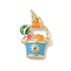 Темно-Голубой Латунные микро проложить кубического циркония прелести, очаровательное пляжное ведро, с прыгающим кольцом и эмалью, стойки покрытие, долговечный, без свинца и без кадмия, реальный 18 k позолоченный, глубокое синее небо, 15x12x3 мм