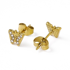 Golden Crystal Rhinestone Butterfly Stud Earrings, Vacuum Plating 304 Stainless Steel Jewelry for Women, Golden, 6x7mm, Pin: 0.8mm