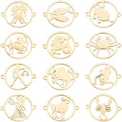 Golden 12Pcs 12 Style 304 Stainless Steel Links Connectors, Flat Round with Twelve Constellation/Zodiac Sign, Golden, 22x18x1mm, Hole: 1.5mm, 1pc/style
