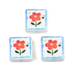 Красный Печатные ручной фарфоровые бусы, площадь с цветочным узором, красные, 15~15.5x15~15.5x7.5~8 мм, отверстие : 2 мм