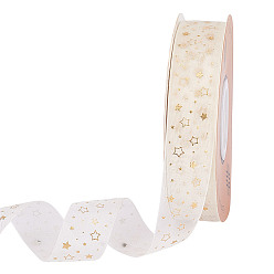 Золотистый 20 ярдов лент из полиэстера и шифона с горячим тиснением в виде звезды, для упаковки подарков, золотые, 1 дюйм (25 мм)