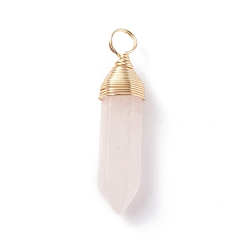 Rose Quartz Natural Rose Quartz Pendants, with Real 18K Gold Plated Eco-Friendly Copper Wire, Bullet, 26~33x8x7mm, Hole: 4mm