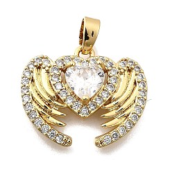 Прозрачный Латунные микро проложить кубического циркония подвески, Сердце и крыло, реальный 18 k позолоченный, прозрачные, 16x20x5.5 мм, отверстие : 5x2.5 мм