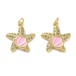 Pink Латунные микропаве прозрачные подвески с фианитом, подвески в форме морской звезды с ракушкой, реальный 18 k позолоченный, с эмалью, розовые, 20.5x18.5x4 мм, отверстие : 3 мм
