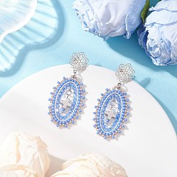 Синий Серьги-гвоздики с овальным крестом из стеклянного бисера, с фурнитурой для сережек-гвоздиков из нержавеющей стали, не тускнеющей, синие, 304 мм