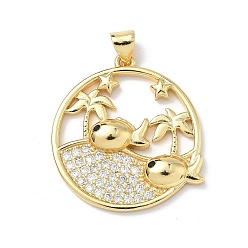 Fish Латунные микро проложить кубического циркония подвески, плоско-круглые, реальный 18 k позолоченный, рыба, 28x25x4 мм, отверстие : 4x3.5 мм