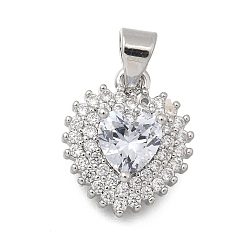 Платина Латунные микро проложить кубического циркония подвески, сердце прелести, без кадмия и без свинца, стойки покрытие, долговечный, платина, 14.5x12.5x5 мм, отверстие : 3.5x4 мм