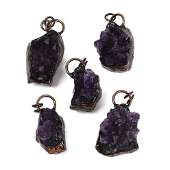Красная Медь Кулоны из сырого грубого натурального аметиста, самородки прелести, с латунной, Красная медь, 38~51x20~29x20~26 мм, отверстие : 5.4 мм