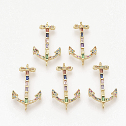Golden Brass Micro Pave Cubic Zirconia Links connectors, Anchor, Colorful, Golden, 29.5x16.5x2.5mm, Hole: 0.7mm