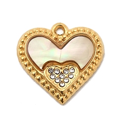 Белые Ракушки Натуральный белый оболочки подвески, подвески в форме сердца с 304 оправами из хрустальных страз из нержавеющей стали, ионное покрытие (ip), реальный 18 k позолоченный, 18x18x2~3 мм, отверстие : 1.4 мм