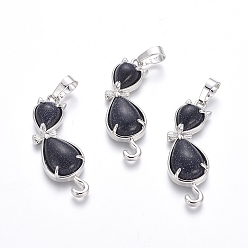 Синий Драгоценный Камень Кулоны для котят из синего голдстоуна, с латунной фурнитурой платинового цвета, кошка в форме банта, 35.5x12x6 мм, отверстие : 5x7 мм