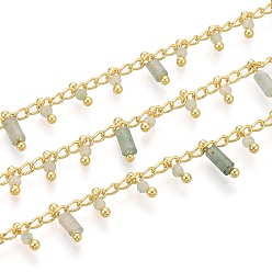 Зеленый Авантюрин Латунь бордюр цепи, с естественной зеленый авантюрин, пайки, с катушкой, долговечный, золотые, пайки, 8~9x2~2.5 мм
