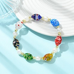 Colorful Handmade Millefiori Glass & Natural Cultured Freshwater Pearl Beads Stretch Bracelets for Women, Oval, Colorful, Inner Diameter: 2.17 inch(5.5cm)