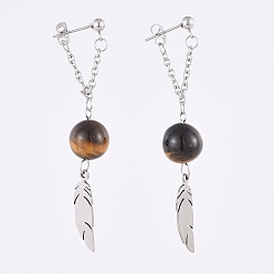 Tiger Eye Natural Tiger Eye Beads Dangle Ear Studs, with 304 Stainless Steel Ball Post & Pendants & Cable Chains & Ear Nuts, Wing, 68mm, Pin: 0.6mm