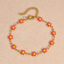 Tomato Stainless Steel Link Chain Braclets, Enamel Style, Flower, Tomato, 6-3/4~8-1/2 inch(17~21.5cm)