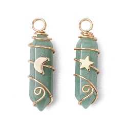 Зеленый Авантюрин 2 шт. 2 стили натуральный зеленый авантюрин двойные заостренные подвески, подвески в виде луны и звезды из латуни с медной проволокой, золотой свет, 35.5~36.5x11x11.5~13 мм, отверстие : 3.5~4 мм, 1 шт / стиль