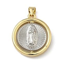 Real Gold Plated & Real Platinum Plated Религия латунные подвески, плоский круглый с подвесками Девы Марии, настоящее золото и платина, 23.5x20x3~5 мм, отверстие : 4~4.5x3.5~4 мм