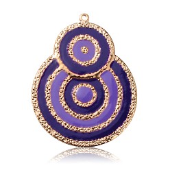 Bleu Ardoise Pendentifs en émail de fer plaqué or clair, deux grands pendentifs plats ronds / calebasse, bleu ardoise, 63x48x1mm, Trou: 2mm
